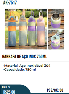 GARRAFA DE AÇO INOX 750ML UNID. CX: R$ 25.00 PCS/CX: 50