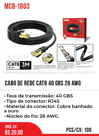 CABO DE REDE CAT8 40 GBS 26 AWG 100pç=20$
