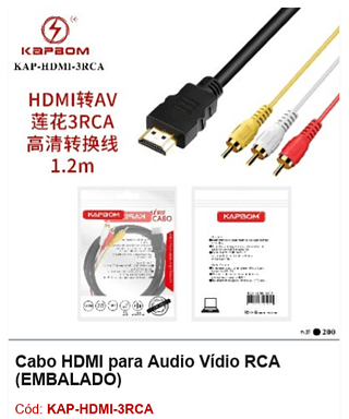 Cabo HDMI para Áudio Vídio RCA R$ 6,75 PCS/cx:200