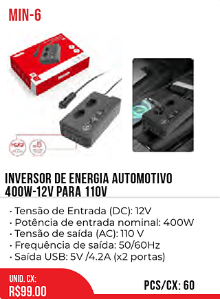 Inversor De Energia Automotivo 400w-12v para 110v 60pç=99$