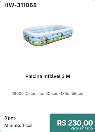 Piscina Inflável 3 M 3 pçs R$ 230,00