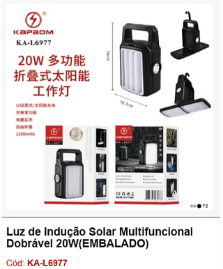 Luz de Indução Solar Multifuncional Dobrável 20W R$ 21,6 PCS/CX: 72