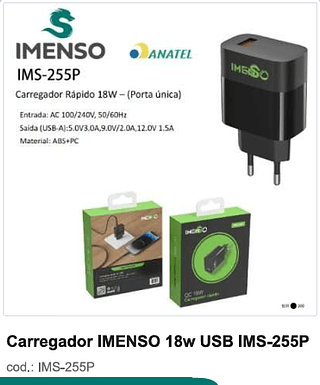Carregador IMENSO 18w USB 200PC/CX R$9,9