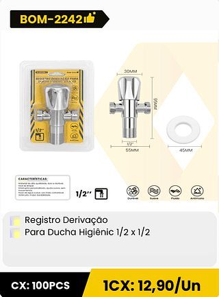 Registro Derivação Para Ducha Higiênic 1/2 x 1/2 CX: 100PCS 1CX: 12,90/Un