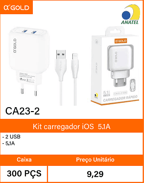 Kit carregador iOS5.1A - Caixa 300 PCS Preco Unitario 9,29