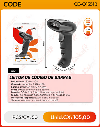 LEITOR DE CÓDIGO DE BARRASPCS/CX: 50 Unid.CX: 105,00