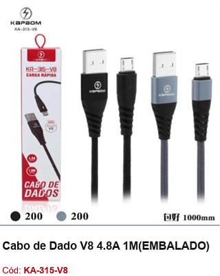 Cabo de Dado V8 4.8A 1M R$ 2,7 PCS/Cx:400