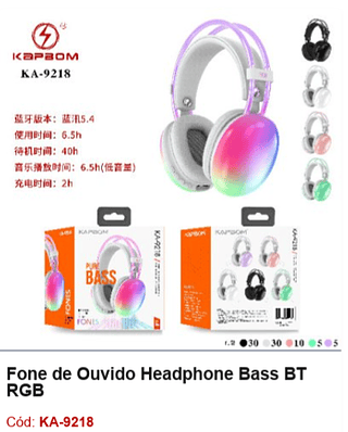 Fone de Ouvido Headphone Bass BT RGB R$38,7 PCS/CX:80