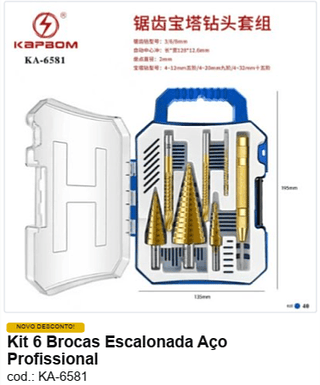 Kit 6 Brocas Escalonada Aço Profissional R$ 27 PC/CX:40