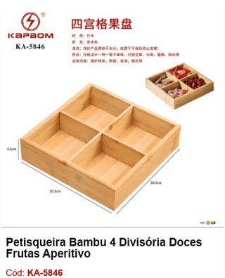 Petisqueira Bambu 4 Divisória Doces Frutas Aperitivo R$ 18 PCS/CX: 60