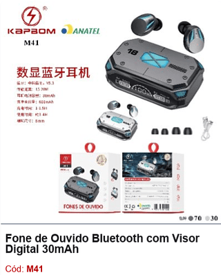Fone de Ouvido Bluetooth com Visor Digital 30mAh R$18 PCS/Cx:100