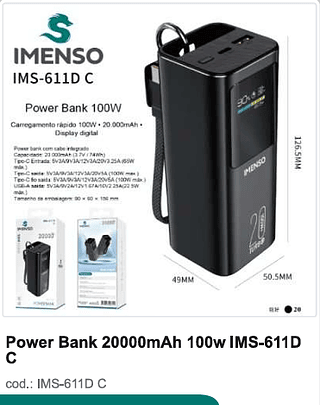 Power Bank 20000mAh 100w R$115,2 PC/CX 20