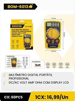 MULTÍMETRO DIGITAL PORTÁTIL PROFISSIONAL DC/AC VOLT AMP OHM COM DISPLAY LCD CX: 60PCS 1CX: 16,99/Un