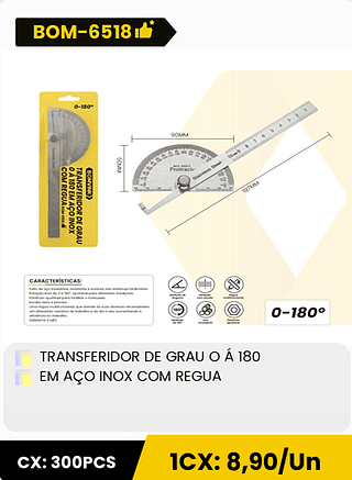 TRANSFERIDOR DE GRAU O Á 180 EM AÇO INOX COM REGUA CX: 300PCS 1CX: 8,90/Un