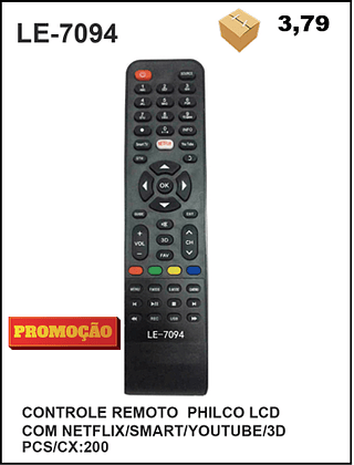 CONTROLE REMOTO PHILCO LCD COM NETFLIX/SMART/YOUTUBE/3D 200pç=3,79$
