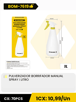 PULVERIZADOR BORRIFADOR MANUAL SPRAY I LITRO CX: 70PCS 1CX: 10,99/Un