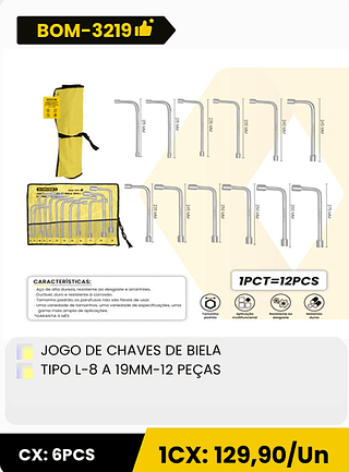 JOGO DE CHAVES DE BIELA TIPO L-8 A 19MM-12 PEÇAS CX: 6PCS 1CX: 129,90/Un