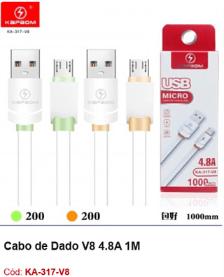 Cabo de Dado V8 4.8A 1M R$ 2,25 PCS/Cx:400