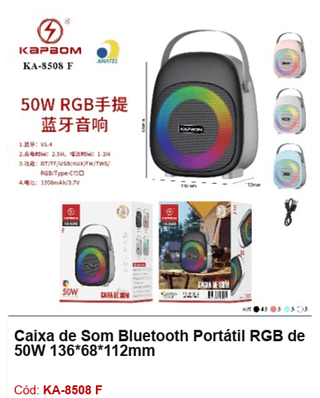 Caixa de Som Bluetooth Portátil RGB de 50W R$40,5 PCS/CX:60