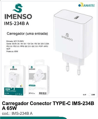 Carregador Conector TYPE-C 65W 100PC/CX R$29,7