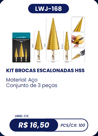 KIT BROCAS ESCALONADAS HSS UNID. CX: R$ 16,50 PCS/CX: 100