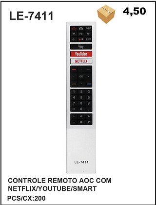 CONTROLE REMOTO AOC COM NETFLIX/YOUTUBE/SMART 200PÇ=4,5$