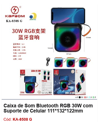 Caixa de Som Bluetooth RGB 30W com Suporte de Celular R$29,7 PCS/CX:50