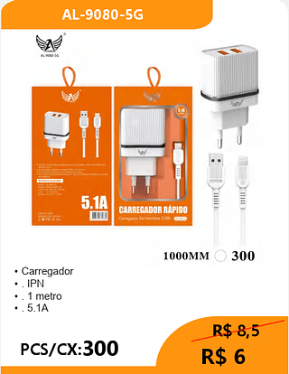 CARREGADOR LIGHTNING PCS/CX:300 R$ 6