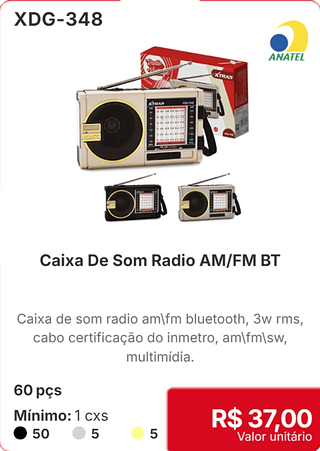 Caixa De Som Radio AM/FM BT 60 pçs R$ 37,00