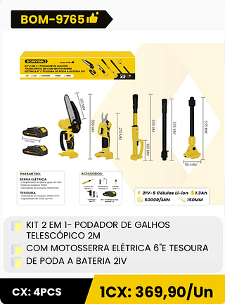 KIT 2 EM 1- PODADOR DE GALHOS TELESCÓPICO 2M COM MOTOSSERRA ELÉTRICA 6"E TESOURA DE PODA A BATERIA 2IV CX: 4PCS 1CX: 369,90/Un