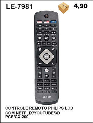 CONTROLE REMOTO PHILIPS LCD COM NETFLIX/YOUTUBE/3D 200PÇ=4,9$