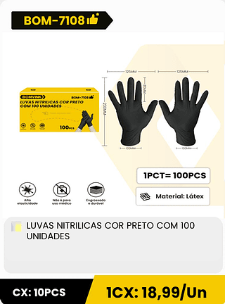 LUVAS NITRILICAS COR PRETO COM 100 UNIDADES CX: 10PCS 1CX: 18,99/Un