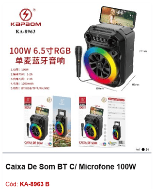 Caixa De Som BT C/ Microfone 100W R$85,5 PCS/CX:20