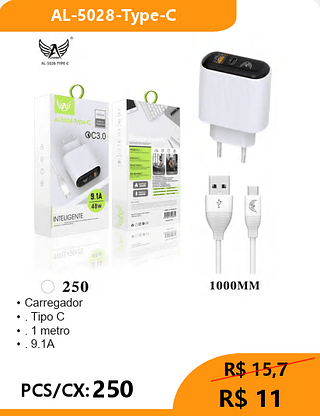 Carregador TIPO-C PCS/CX:250 R$ 11