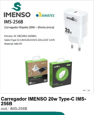 Carregador IMENSO 20w Type-C 200PC/CX R$10,8