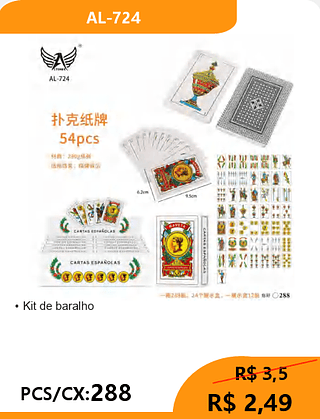 Kit de baralho PCS/CX:288 R$ 2,49
