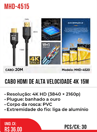 Cabo HDMI de alta velocidade 4K 15m 30pç=36$