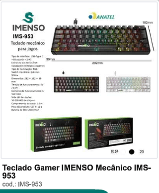 Teclado Gamer IMENSO Mecânico 20PC/CX R$106,2