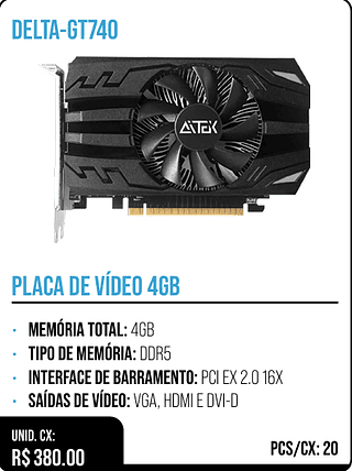 PLACA DE VÍDEO 4GB UNID. CX: R$ 380.00 PCS/CX: 20