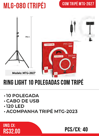 RING LIGHT 10 POLEGADAS COM TRIPÉ 40pç=32$