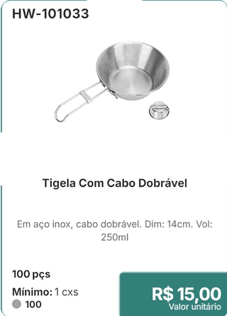 Tigela Com Cabo Dobrável 100 pçs R$ 15,00