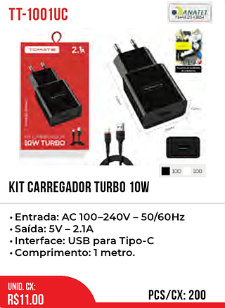 KIT CARREGADOR TURBO 10W Tipo-C 200pç=11$