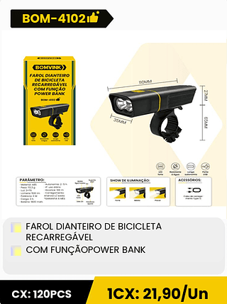FAROL DIANTEIRO DE BICICLETA RECARREGÁVEL COM FUNÇÃOPOWER BANK CX: 120PCS 1CX: 21,90/Un