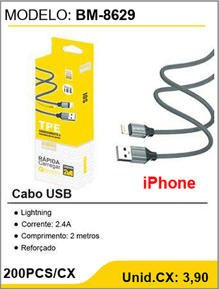 Cabo USB iPhone 2 metros 200PCS/CX Unid.CX: 3,90