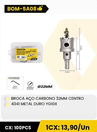 BROCA AÇO CARBONO 32MM CENTRO 4341 METAL DURO YGIOX CX: 100PCS 1CX: 13,90/Un