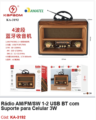 Rádio AM/FM/SW 1-2 USB BT com Suporte para Celular 3W R$103,5 PCS/Cx:20