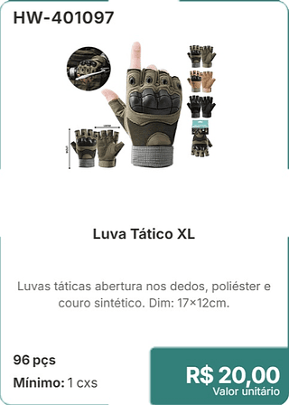 Luva Tática M 96 pçs R$ 23.00