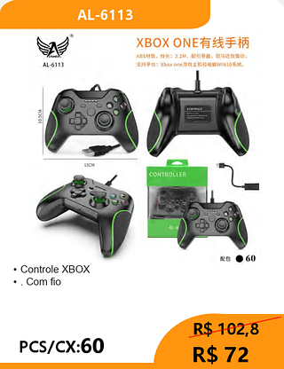 Controle XBOX PCS/CX:60 R$ 72