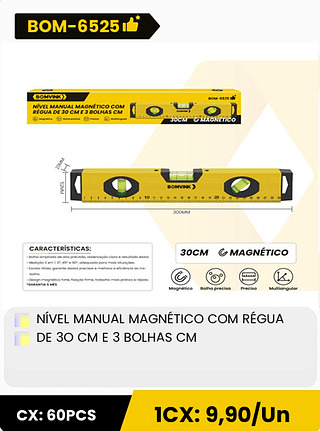 NÍVEL MANUAL MAGNÉTICO COM RÉGUA DE 30 CM E 3 BOLHAS CM CX: 60PCS 1CX: 9,90/Un