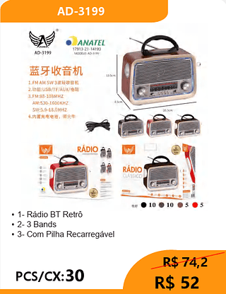 Rádio BT Retrô PCS/CX:30 R$52